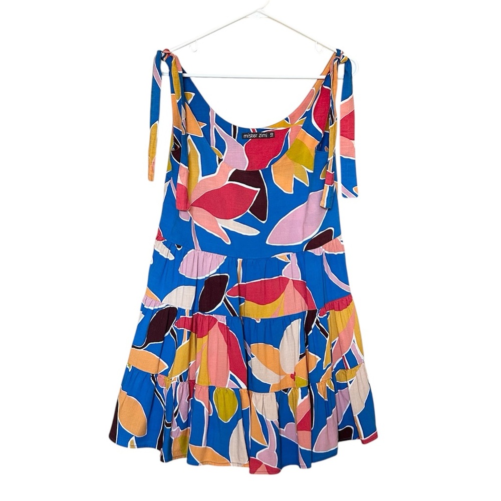 Mister Zimi Winifred Mini Tie Shoulder Tiered Dress Sz 10 Tropical Beach Color